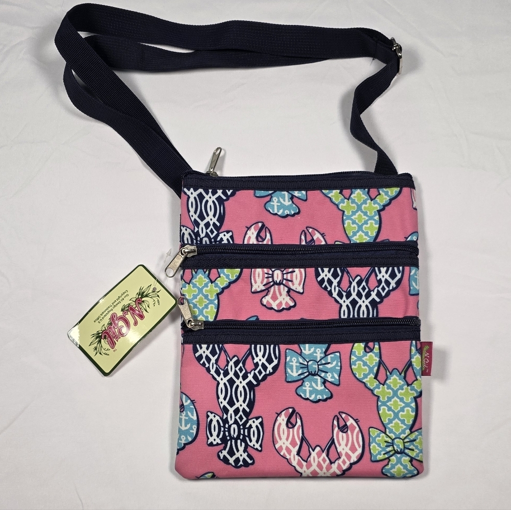 N. Gil Multi Pocket Crossbody Pink Beach Coastal Lobsters Adjustable * NEW